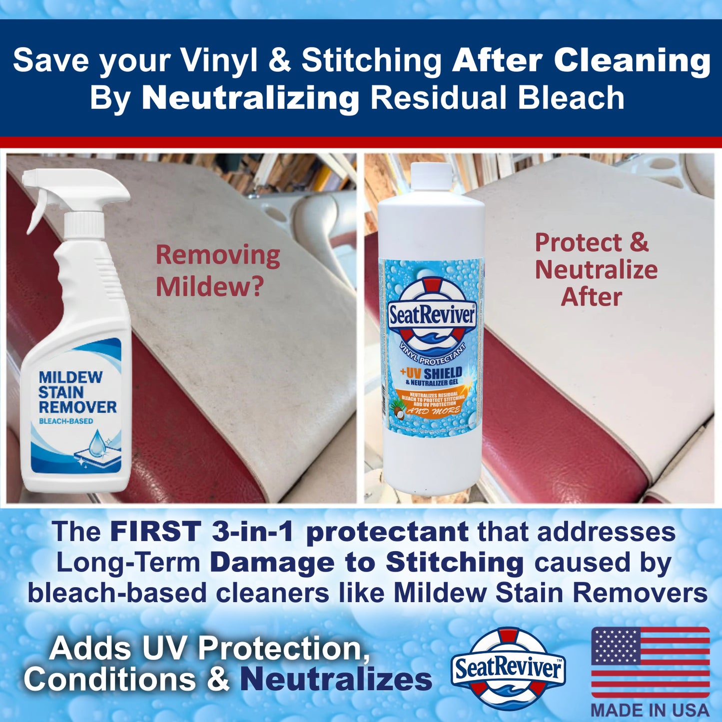 Seat Reviver® Marine Vinyl Protectant +UV Shield & Residual Bleach Neutralizer | For Boat Seats, Vinyl & Plastics