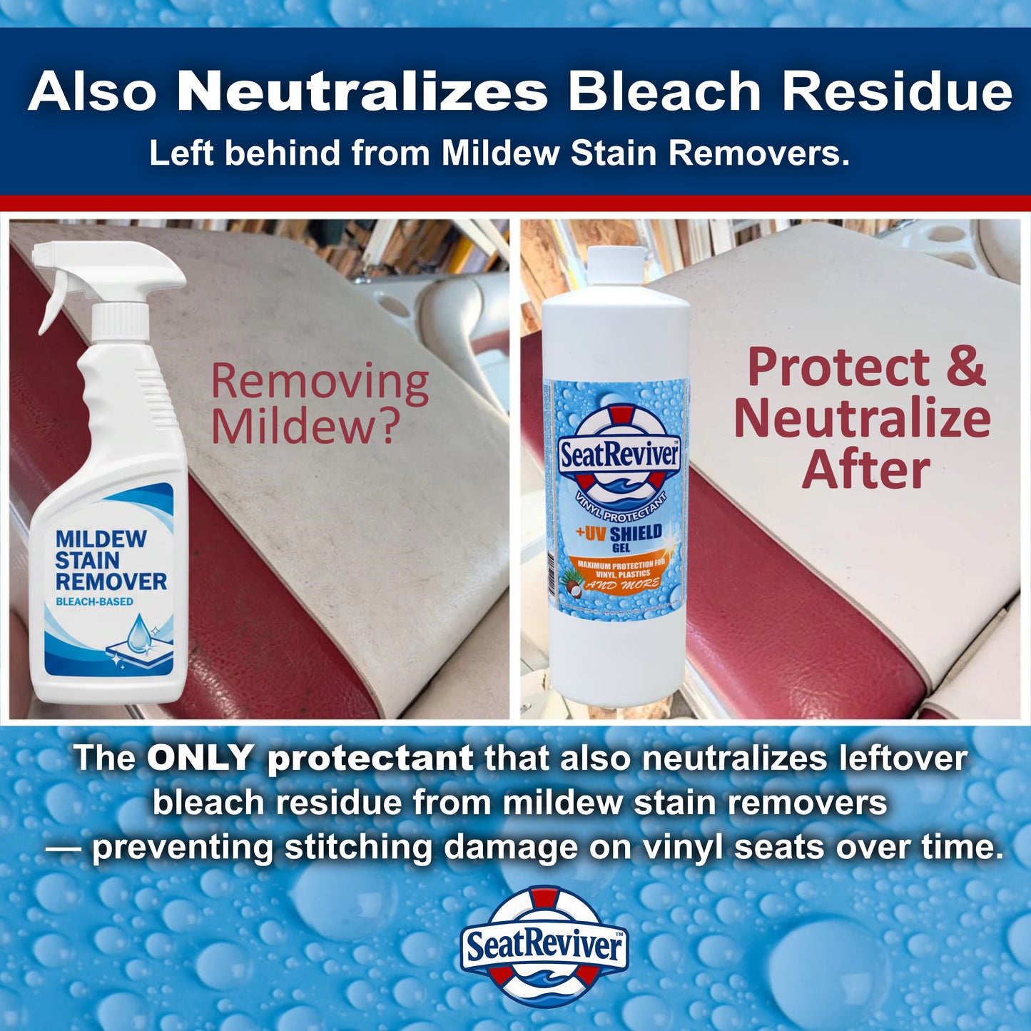 Seat Reviver® Marine Vinyl Protectant +UV Shield & Residual Bleach Neutralizer | For Boat Seats, Vinyl & Plastics